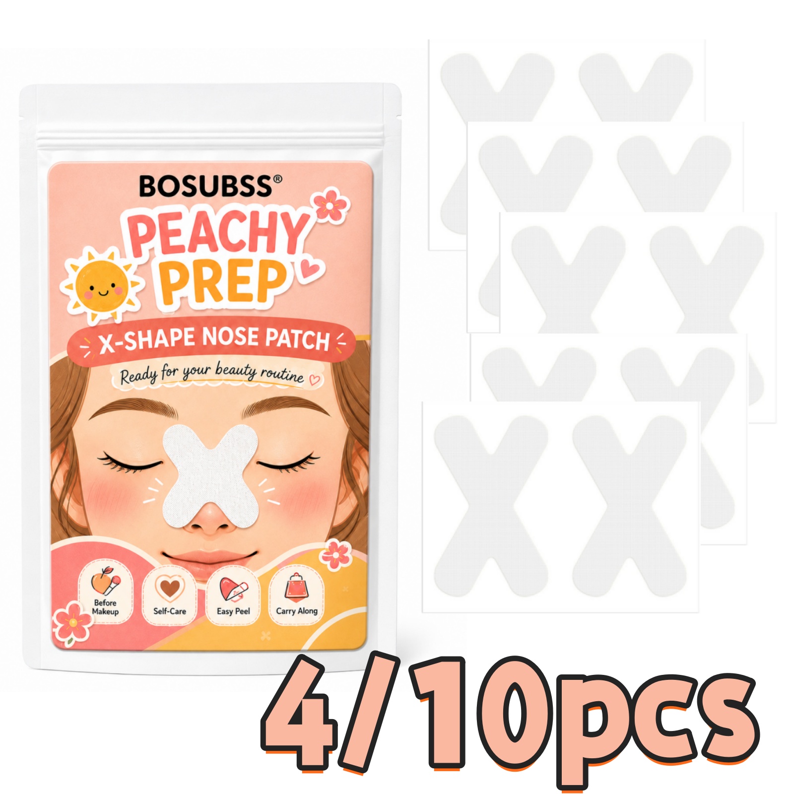 X Beauty Makeup - 4/10개입 X자형 코 패치 세트, 피치프리프